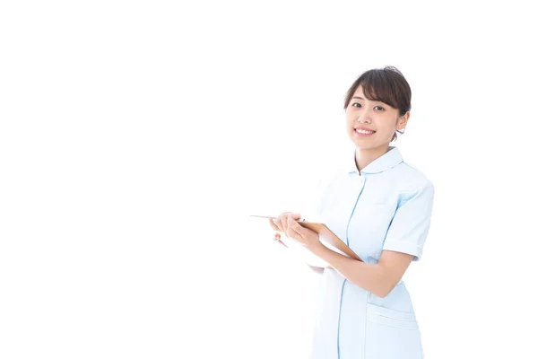 Enfermeira Detentora Prontuário Médico Isolado Branco — Fotografia de Stock