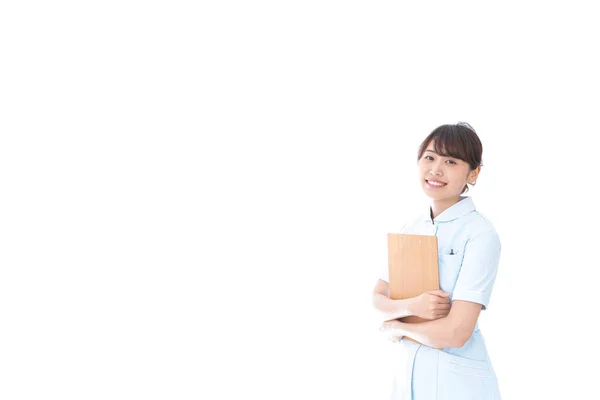 Nurse Holding Medical Record Isolated White — Stock Photo, Image