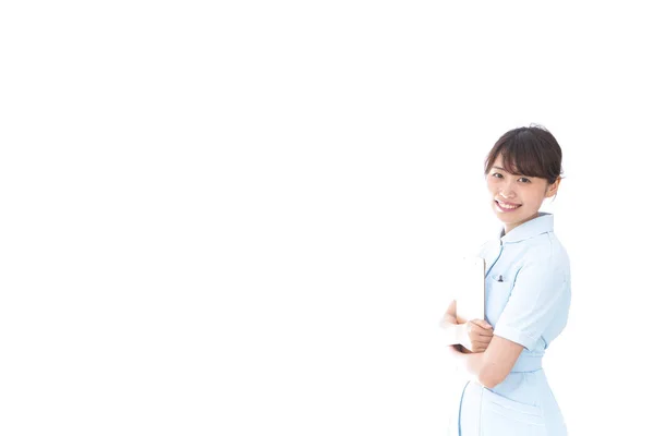 Krankenschwester Mit Krankenakte Isoliert Auf Weiß — Stockfoto