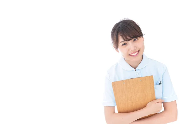 Nurse Holding Medical Record Isolated White — Stock Photo, Image