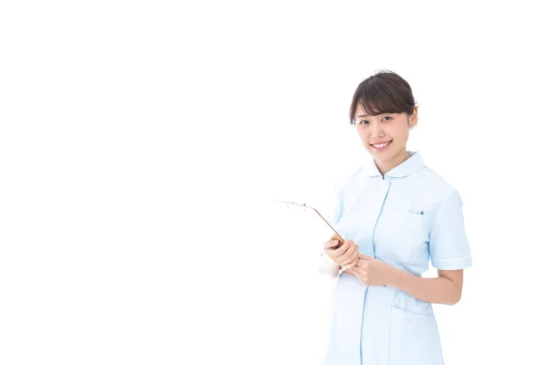 Enfermeira Detentora Prontuário Médico Isolado Branco — Fotografia de Stock