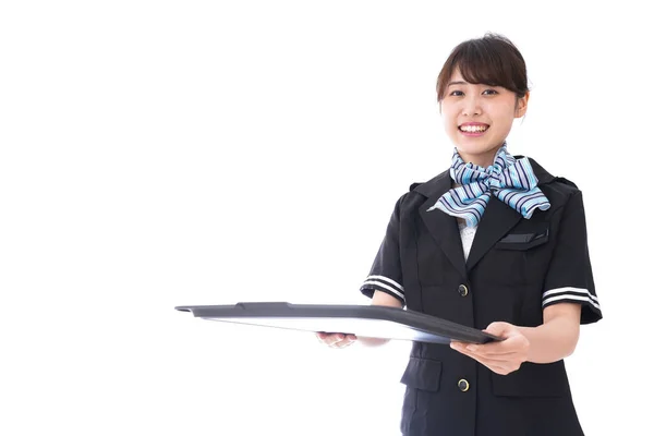 Jovem Mulher Uniforme Aeromoça Branco — Fotografia de Stock