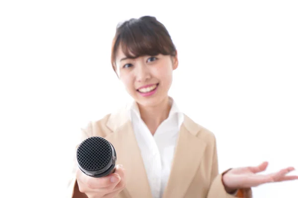 Mulher Conversando Com Microfone — Fotografia de Stock