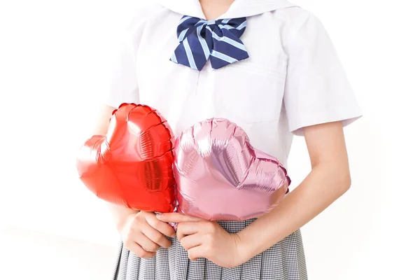 Молода Жінка Повітряними Кульками Формі Серця Білому Тлі — стокове фото