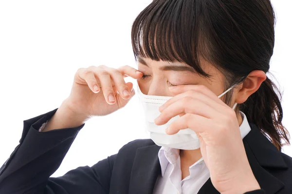 Jeune Femme Masquée Souffre Allergie — Photo