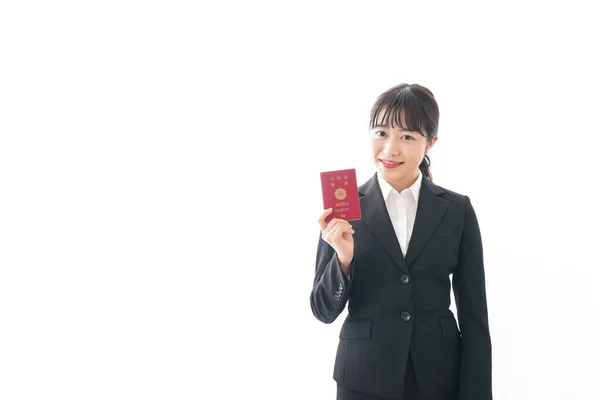 Jonge Zakenvrouw Reis Met Paspoort Koffer — Stockfoto