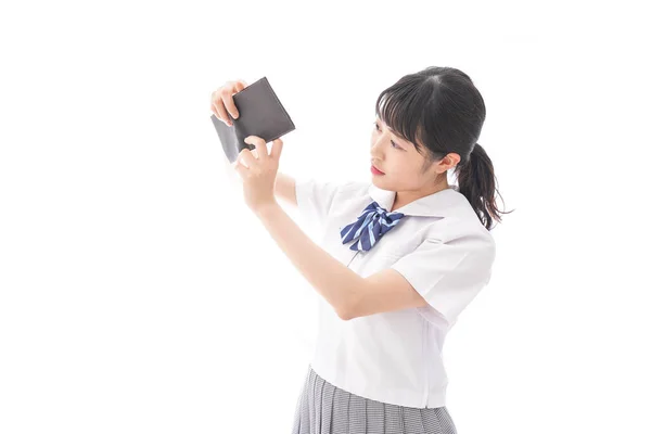 Азиатская Студентка Форме Проверяет Бумажник — стоковое фото