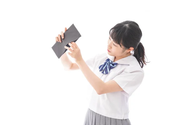 Asiatische Studentin Uniform Kontrolliert Die Brieftasche — Stockfoto