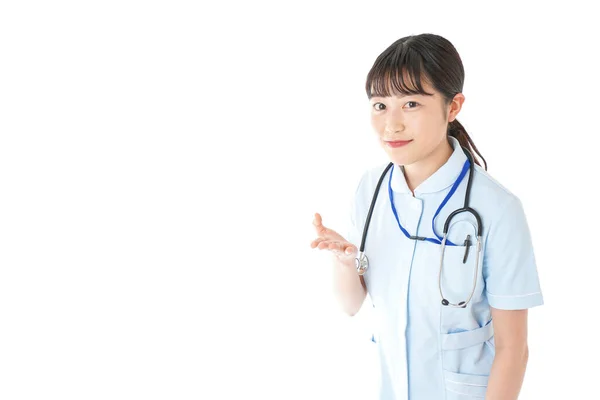 Jovem Enfermeira Uniforme Sobre Fundo Branco — Fotografia de Stock
