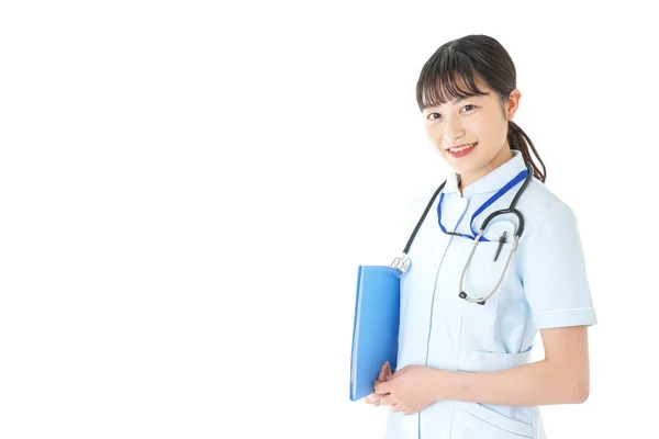 Jovem Enfermeira Uniforme Sobre Fundo Branco — Fotografia de Stock