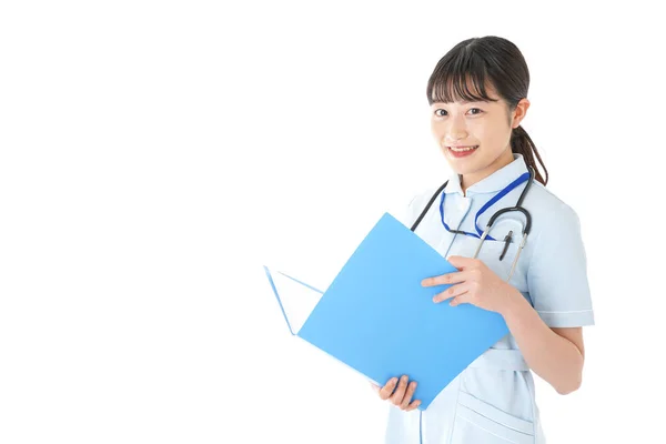 Jeune Infirmière Uniforme Sur Fond Blanc — Photo