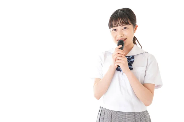 Young Student Girl Speaking Microphone — Stock Photo, Image