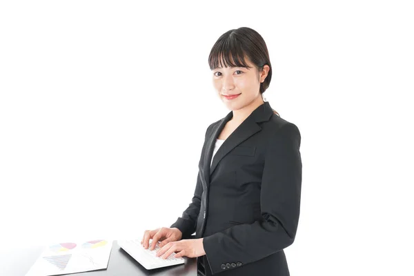 Young Business Woman Standing Desk — Stock Photo, Image