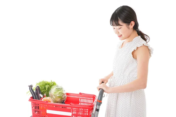 Junge Hausfrau Kauft Supermarkt Ein — Stockfoto