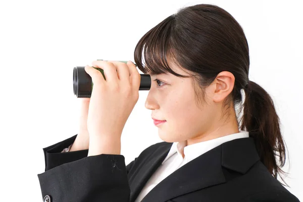 Young Woman Binoculars White Background — Stock Photo, Image