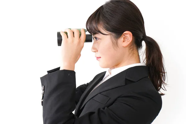 Giovane Donna Con Binocolo Sfondo Bianco — Foto Stock