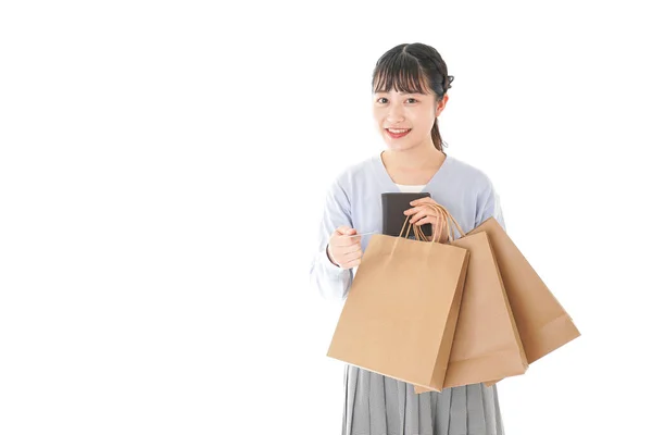 Woman Scanning Code Her Phone — Stock Photo, Image