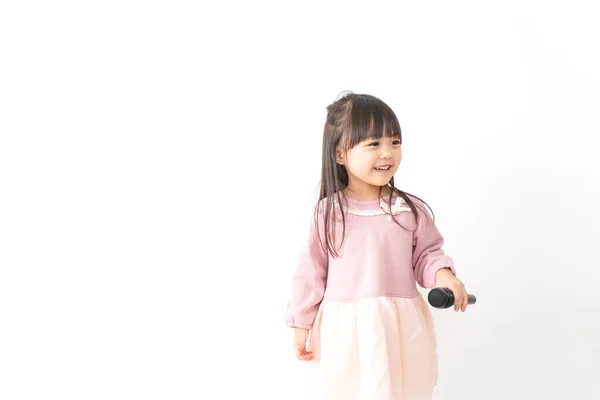 Girl Using Microphone Posing Isolated White Background — Stock Photo, Image