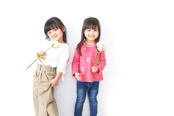 Little Girls Posing Flowers Isolated White Background — Stock Photo, Image