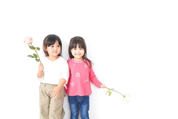 Little Girls Posing Flowers Isolated White Background — Stock Photo, Image