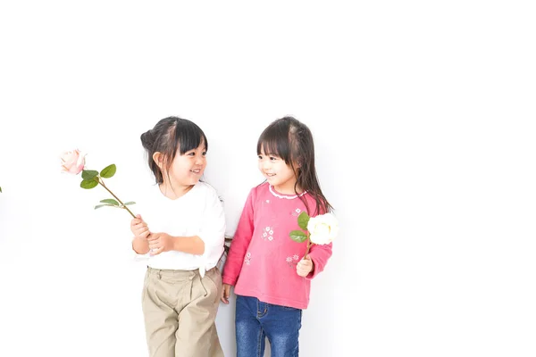 Little Girls Posing Flowers Isolated White Background — Stock Photo, Image