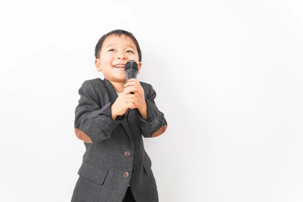 Boy Empresário Falando Microfone — Fotografia de Stock