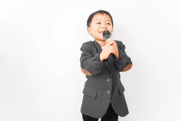 Boy Empresário Falando Microfone — Fotografia de Stock