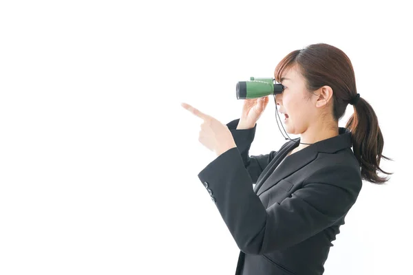 Concepção Consultoria Auditoria Conformidade Jovem Empresária Olhando Através Binóculos — Fotografia de Stock