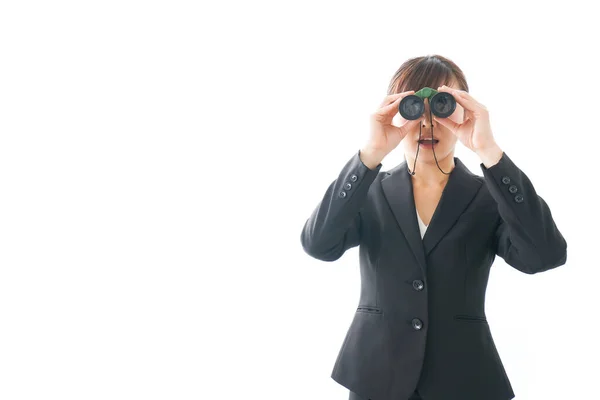 Audit Compliance Consulting Concept Young Businesswoman Looking Binoculars — Stock Photo, Image