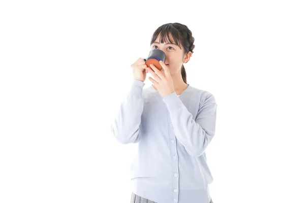 Mujer Joven Bebiendo Café Con Taza —  Fotos de Stock