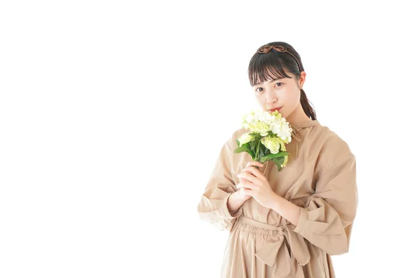 Young Woman Holding Bouquet Smile — Stock Photo, Image