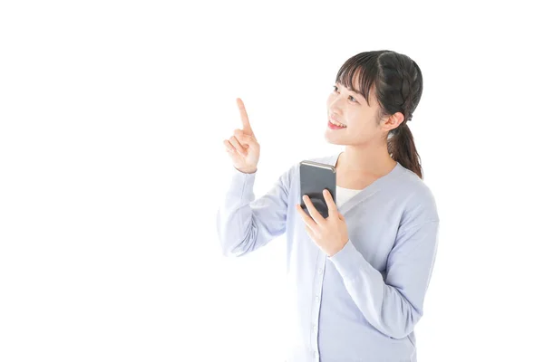 Jonge Vrouw Met Iot Toestellen Met Smartphone — Stockfoto