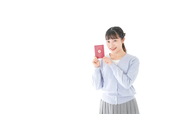 Jeune Femme Ayant Son Passeport Avec Sourire — Photo