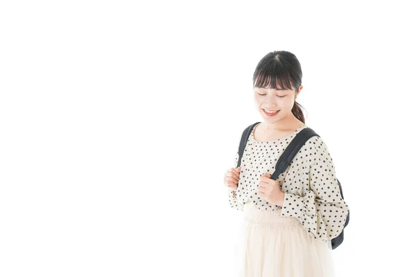 Retrato Una Joven Sonriente Con Vestido Lunares Con Una Mochila — Foto de Stock