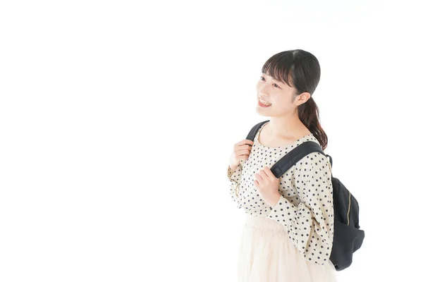 Retrato Uma Jovem Mulher Sorridente Vestido Bolinhas Com Uma Mochila — Fotografia de Stock