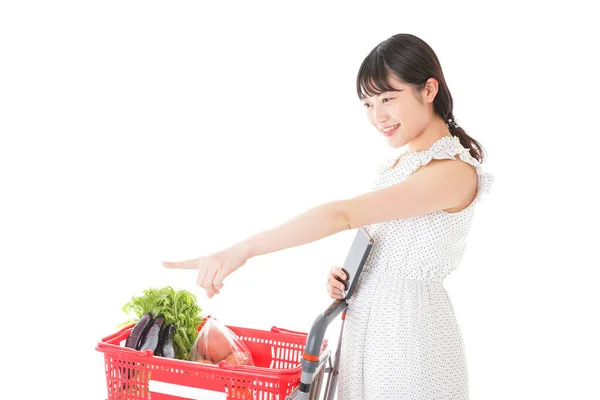 Jeune Femme Foyer Avec Panier Complet Sur Fond Blanc — Photo