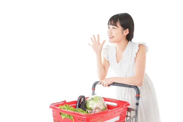 Jeune Femme Foyer Avec Panier Complet Sur Fond Blanc — Photo