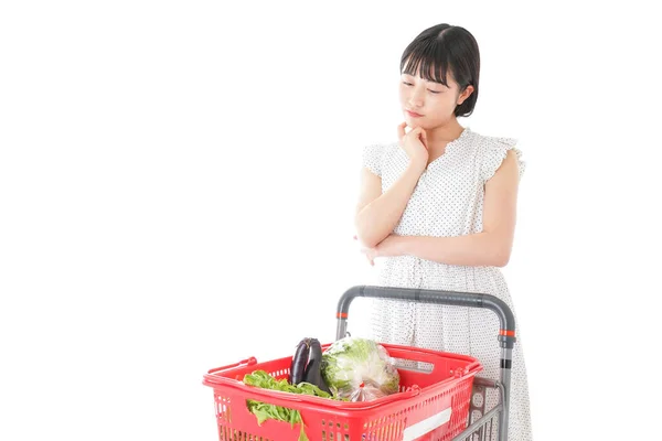 Jeune Femme Foyer Avec Panier Chariot Complet Sur Fond Blanc — Photo