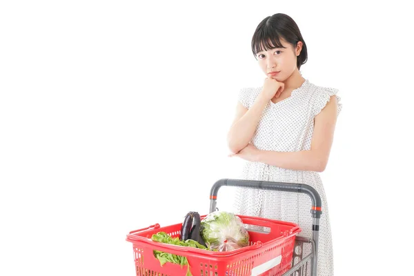 Jeune Femme Foyer Avec Panier Chariot Complet Sur Fond Blanc — Photo