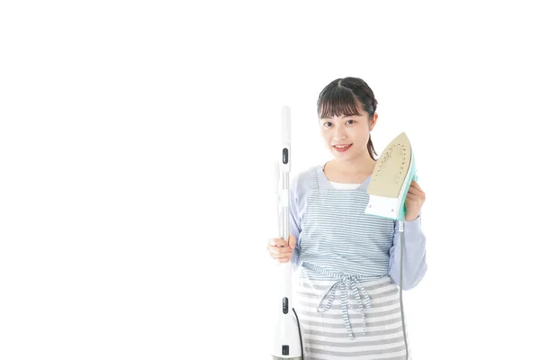 Young Woman Holding Iron Mop — Stock Photo, Image