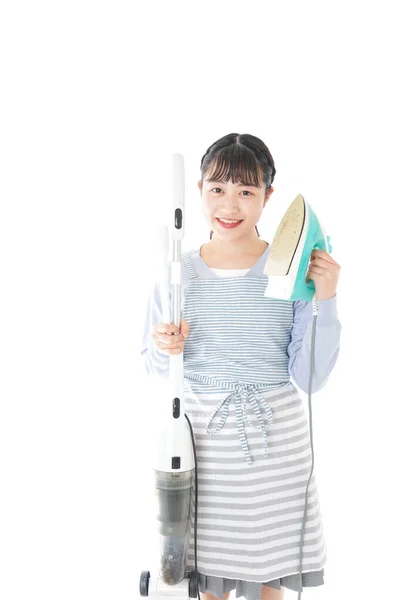 Young Woman Holding Iron Mop — Stock Photo, Image