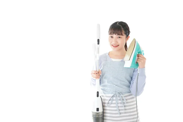 Young Woman Holding Iron Mop — Stock Photo, Image