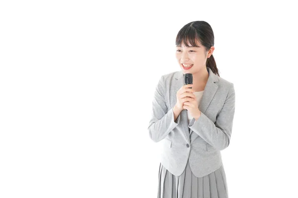 Jovem Mulher Negócios Conversando Com Microfone — Fotografia de Stock