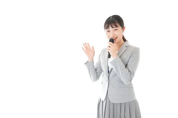 Tânăra Femeie Afaceri Vorbind Microfon — Fotografie, imagine de stoc