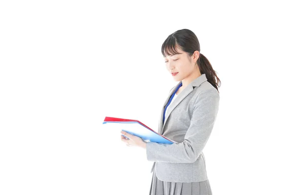 Young Businesswoman Holding Folders Checking Documents — Stock Photo, Image