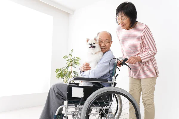 old woman caring for her husband in the wheelchair