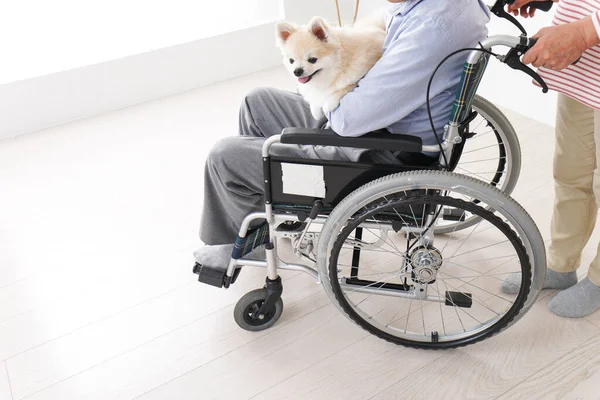 Starsza Kobieta Opiekuje Się Mężem Wózku Inwalidzkim — Zdjęcie stockowe