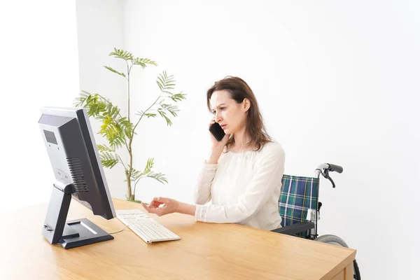 Young Woman Doing Desk Work Wheelchair — Stock Photo, Image