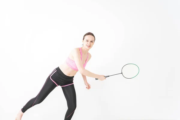 Młoda Kobieta Robi Badmintona Odzieży Sportowej — Zdjęcie stockowe