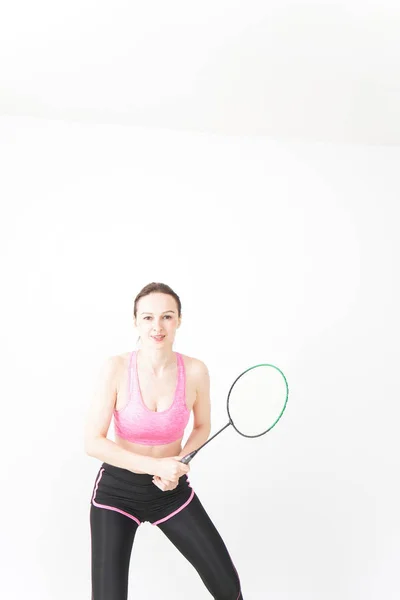 Młoda Kobieta Robi Badmintona Odzieży Sportowej — Zdjęcie stockowe
